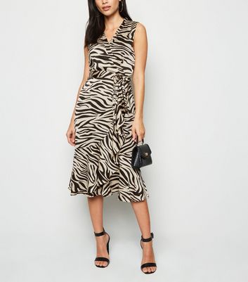 Mela Black Zebra Print Wrap Midi Dress | New Look